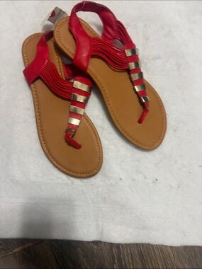 Women’s Red T-Strap Sandals with Metallic Accents